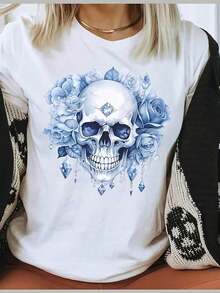 Camisa de mujer con rosas azules, diamantes y calavera, camiseta con calavera y rosas, camisa de mujer gótica con calavera, camisa de mujer estética gótica. Camiseta de aodón puro negro de 220g de peso pesado con estampado de maosa, adecu para niñas y mujeres. Camiseta inspiradora de cuello redondo de manga corta, top de estilo veraniego cute y estético Y2K, adecuado para uso al e , familiar, labor casual diario. - Blanco - Ver 2