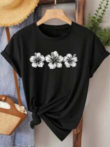 Women's Elegant Vintage Blouse, Short Sleeve, Hibiscus Print, Round Neck, Ideal For Spring And Summer, Versatile Casual Fashion For Travel And Daily Wear, Elegant Retro Style. - 黑色 - 查看 7