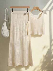 Conjunto de dos piezas de vestido maxi de punto hueco de unicolor vintage elegante para mujer, conjunto casual para ciudad, vacaciones y playa en verano - Albaricoque - Ver 3