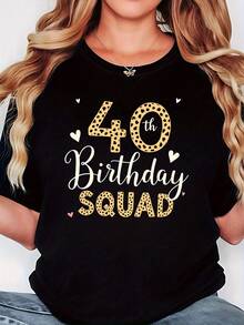 Camiseta de Mujer "40th Birthday SQUAD" - Camiseta con Estampado de Leopardo y Lema "SQUAD" para el 40º Cumpleaños, Manga Corta Casual, Estilo Personalizado en Amarillo y Blanco, Ropa para Fiesta de 40º Cumpleaños para Mujer. - Negro - Ver 7