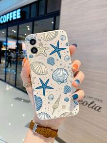 1pc Matte Beige TPU Shockproof Painted Starfish & Shell Pattern Phone Case Compatible With IPhone 15 Pro Max/16 Pro Max/17 Pro Max - Multicolor - View 2
