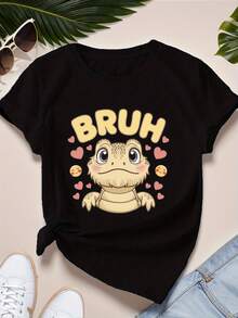 camiseta deportiva de manga corta para mujer con diseño de dragón barbudo de dibujos animados. - Negro - Ver 1
