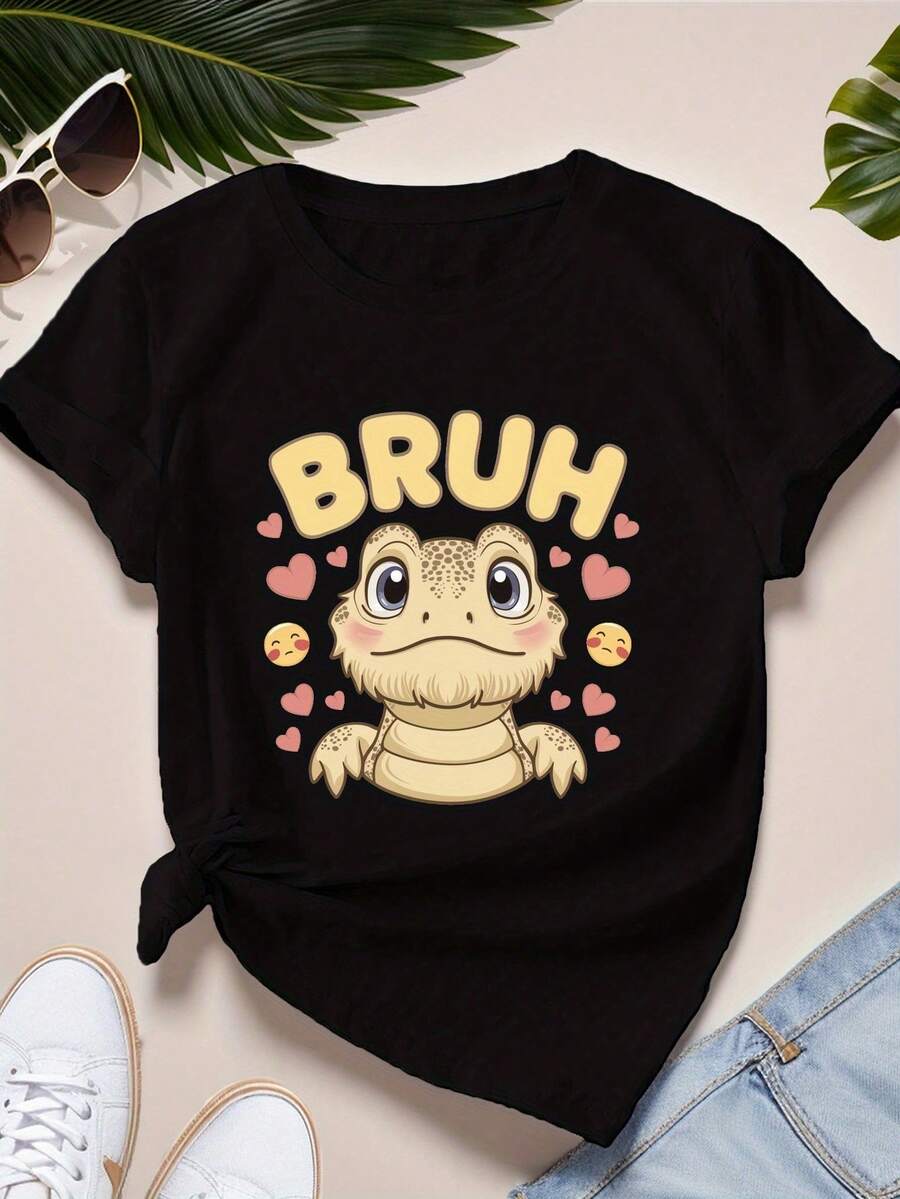 camiseta deportiva de manga corta para mujer con diseño de dragón barbudo de dibujos animados. - Negro - Ver 1