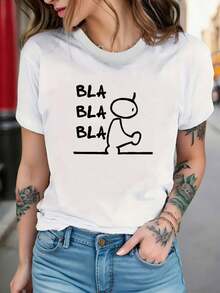 Camiseta para mujer con estampado de letras Bla Bla Bla - Top de manga corta y cuello redondo compatible con blusa con texto Bla Bla Bla, estilo blusa casual de elasticidad media para atuendos de primavera y verano, ropa de blusa lavable aáquina para atuendo casual - Blanco - Ver 6
