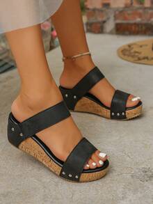 Korean Style Peep-Toe High Heel Slippers For Women, Summer Thick Bottom Waterproof Platform Chunky Heel Rivet Crossed Velvet Wedge Sandals - Black - View 4