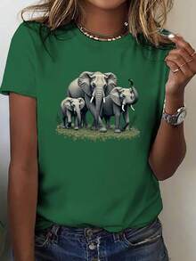 Camiseta clásica para mujer con estampado realista de elefante y hojas verdes - Suave, transpirable, de manga corta, cuello redondo, corte regular, lavable a máquina para todas las estaciones, tela no transparente, regalo con temática de elefantes, Bestseller. - Verde - Ver 1