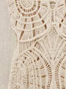Bohemian Style Women's Crochet Dress, V-Neck Sleeveless Hollow Waist Fitted Dress, Summer Beach Holiday Wedding Guest Dress - Apricot - View 9