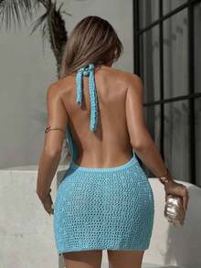 Swim  Vestido mini ajustado con diseño de bufanda de punto y espalda descubierta con lentejuelas, vestido sexy para vacaciones - Celeste - Ver 2