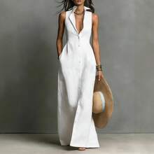 Nuevo 2026 Vestido Midi Mujer Estilo Europeo con Cuello y Botones Sin Mangas Verano - Rosa - Ver 3