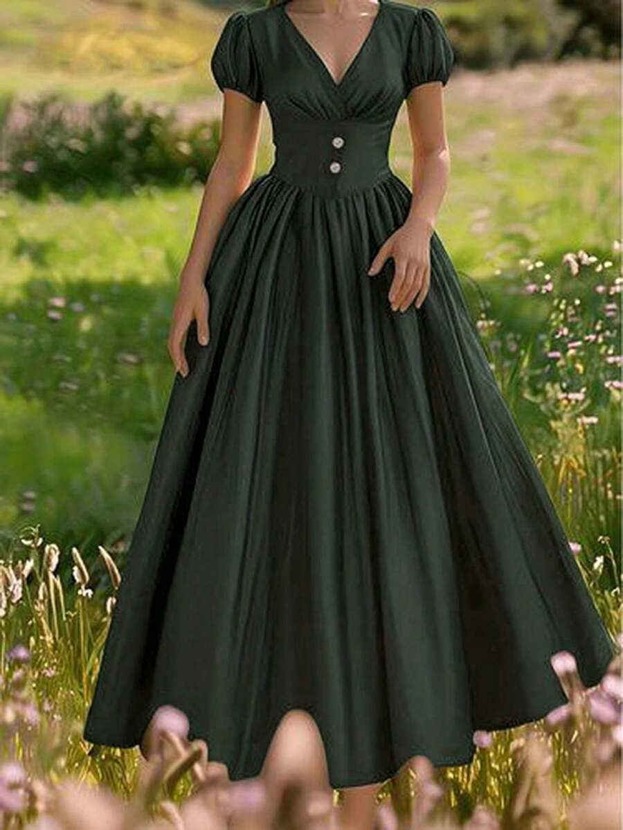 Elio Closet Women's Summer Casual Loose French Elegant V-Neck Puff Sleeve Cinched Waist Mid-Length Dress, Suitable For Garden, Easter Party, Graduation Ceremony, St. Patrick's Day, Gathering, Dinner, Music Festival, Holiday, Beach Vacation - Dark Green - View 1