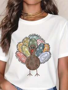 Turkey T-Shirt, Thanksgiving T-Shirt, Cute Turkey T-Shirt, Vintage Fall T-Shirt, Thanksgiving Gift, Fall T-Shirt, Thanksgiving Turkey T-Shirt, Blouse, T-Shirt > Beautiful. - 白色 - 查看 1