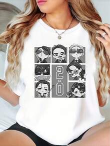 Ropa casual de verano para mujer, de manga corta y a la moda, adecuada para todas las estaciones, una camiseta Q-version hecha por un fan con diseños de múltiples personajes de un actor, el estilo general es lindo y con un toque sentimental. - Blanco - Ver 9
