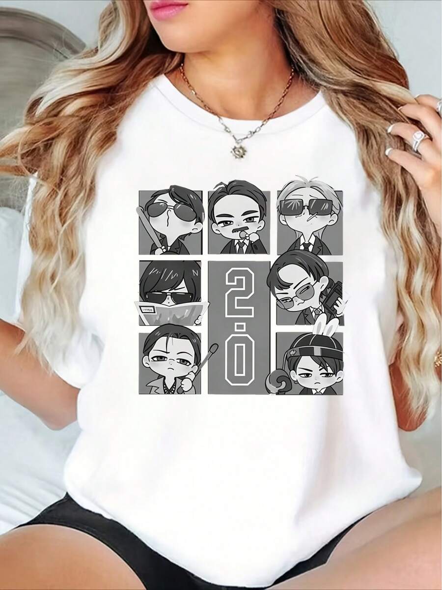 Ropa casual de verano para mujer, de manga corta y a la moda, adecuada para todas las estaciones, una camiseta Q-version hecha por un fan con diseños de múltiples personajes de un actor, el estilo general es lindo y con un toque sentimental. - Blanco 1 - Ver 1