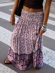 Falda larga elegante con estampado floral pequeño para mujer EARO, hecha de tela sin estiramiento, con caída fluida y estampado de moda, adecuada para uso casual diario y vacaciones - Morado - Ver 3