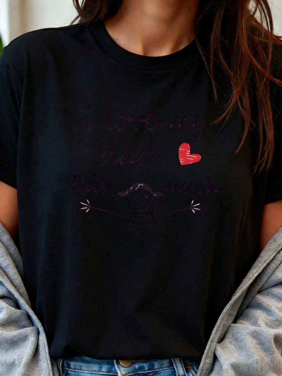"I Love Dad" Print T-Shirt, Women's Short Sleeve Crew Neck Clothing, Cute Hand-Drawn Style Expressing Love For Dad, Matching Sets For Fathers, Warm Everyday Wear, Suitable For Family Gatherings, Father's Day Gift, Birthday Surprise, Expresses A Sense Of Family - 黑色 - 查看 1