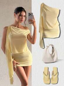 Vestido elegante y sexy con volantes asimétricos en el hombro, adecuado para primavera/verano, Día de Acción de Gracias/Día del Maestro/Día de la Madre - Amarillo - Ver 3