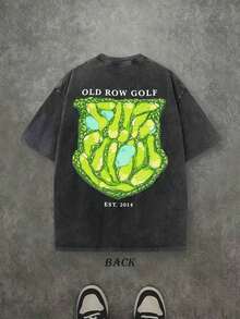 Retro Washed T-Shirt Double Sided Printed (230 Pure Cotton T-Shirt) 'OLD ROW GOLF' Letter And Golf Park Pattern Print, Men's T-Shirt, Men's Casual, Comfortable, Fashionable T-Shirt, Street Style Cotton(Retro Style, Heavyweight, Unisex) - 黑色 - 查看 2