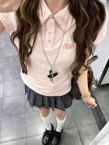 Áo thun nữ tay ngắn cổ polo phong cách Preppy họa tiết Jacquard, màu hồng mùa hè - Hồng - Xem 2