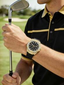 Guess Men's Quartz Watch Gold Tone Crystal Encrusted Multi Dial Wristwatch Black Silicone Strap Statement Dress Watch for Party Nightclub Festival Streetwear Dating Ideal Gift for Him on Birthday Anniversary Valentines Day Perfect for Bold Glamorous Style Enthusiasts - 黑色 - 查看 2