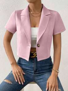 Blazer de mujer de unicolor con un solo botón y manga corta, para uso casual en verano - Rosa - Ver 6