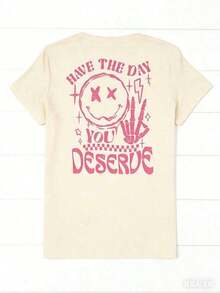Camiseta gráfica de verano para mujer 'Ten el día que te mereces' - Transpirable, de manga corta y cuello redondo, con diseño de cara feliz y letras, ropa casual de moda para el verano. - Albaricoque - Ver 1