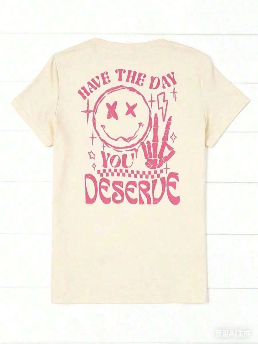 Camiseta gráfica de verano para mujer 'Ten el día que te mereces' - Transpirable, de manga corta y cuello redondo, con diseño de cara feliz y letras, ropa casual de moda para el verano. - Albaricoque - Ver 1