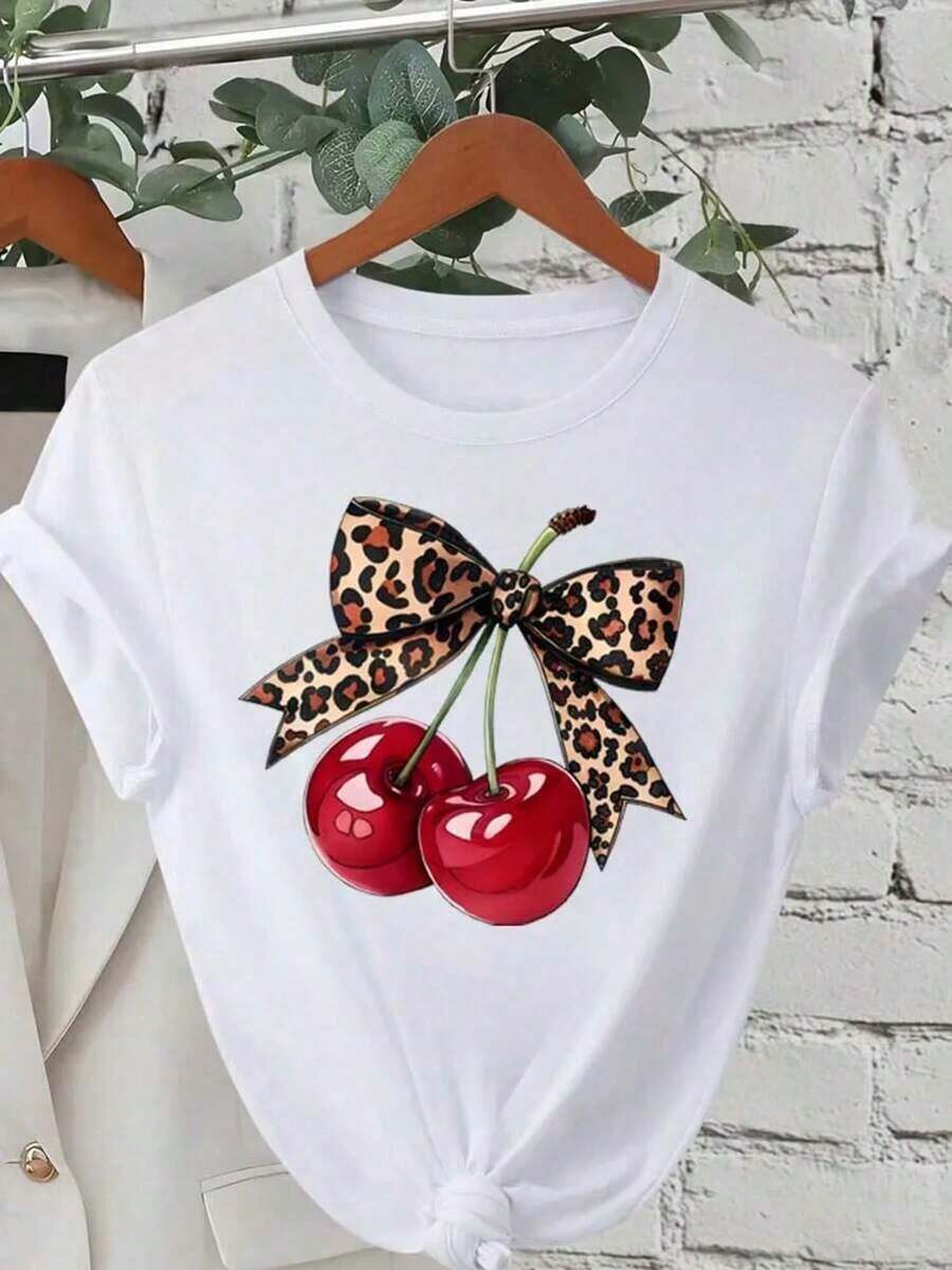 Camiseta de Mujer con Estampado de Cerezas, Manga Corta, Cuello Redondo, Estilo Casual para Primavera y Verano, Ropa de Mujer, Camisetas, El Mejor Regalo, Camiseta Estampada de Manga Corta - Blanco - Ver 1