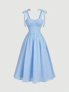 Vestido de verano de mujer con tirantes anudados y estampado floral romántico - Azul 2 - Ver 3
