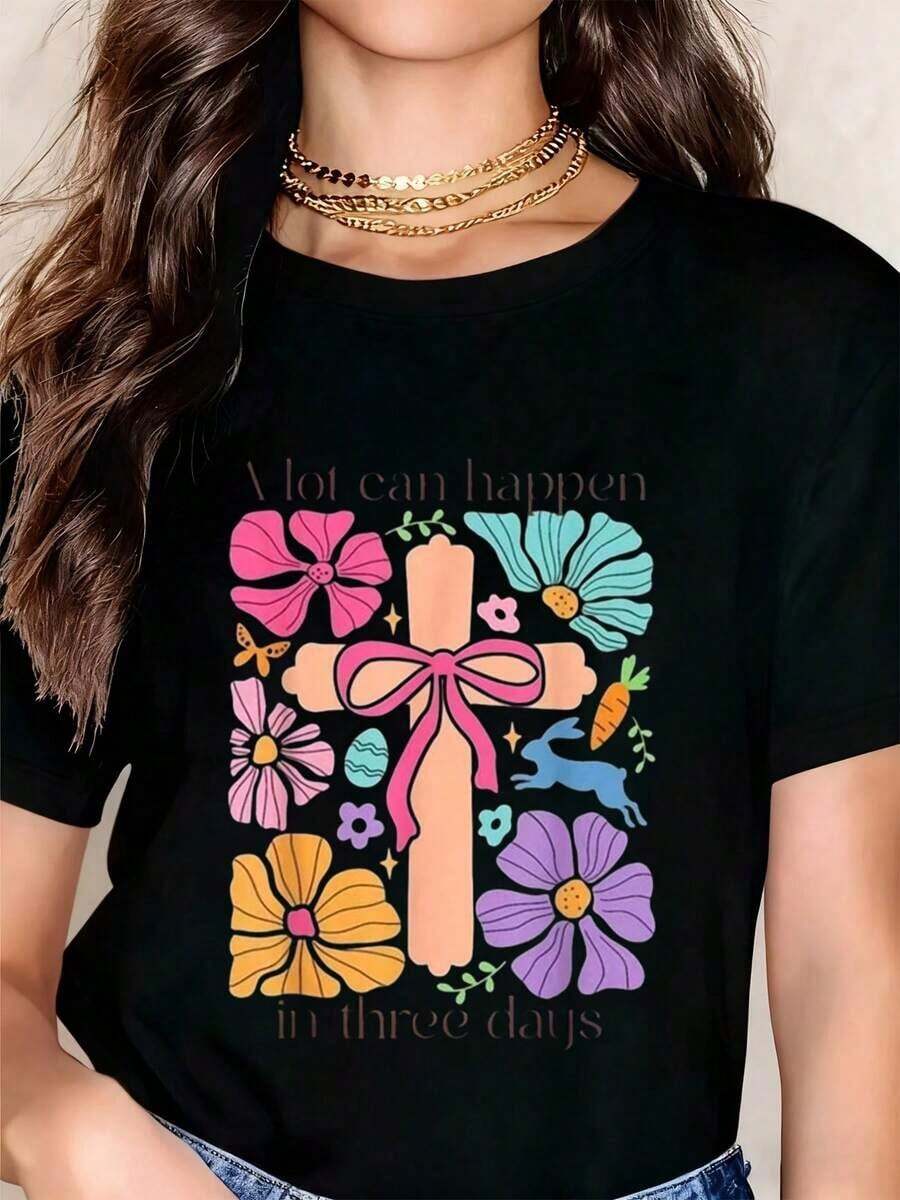 CasualEast Women's Short Sleeve T-Shirt With Cross Design And Christian Easter Theme, Modern And Casual, Round Neck And Loose Fit. - 黑色 - 查看 1