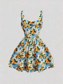 Vestido midi acampanado con cintura fruncida y estampado de flores, con decoración de lazo.Ideal para rave, estilo bohemio, conciertos, graduación, romántico, verano, elegante, vacaciones, fiestas, fluido, invitada de boda, té, modesto, baile d - Azul y blanco - Ver 2