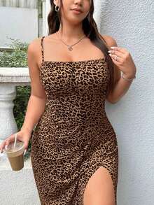 Vestido midi ajustado sin mangas con abertura lateral, busto fruncido, estampado de leopardo y estampado animal, de estilo casual y sexy, ligero para fiestas, vacaciones de verano y principios de otoño, para mujeres de talla grande - Marrón - Ver 4