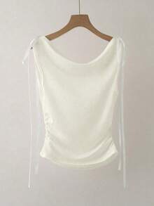 Blusa sin mangas de seda de leche blanca con cuello de barco, diseño de lazo en la cintura, estilo sexy, ideal como regalo de cumpleaños, para citas, fiestas o el trabajo.Diseño versátil y elegante para primavera y verano. - Albaricoque - Ver 2