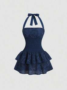 Vestido mini de verano ajustado de cuello halter con volantes en capas de color azul para vacaciones en la playa de mujeres - Azul marino - Ver 1