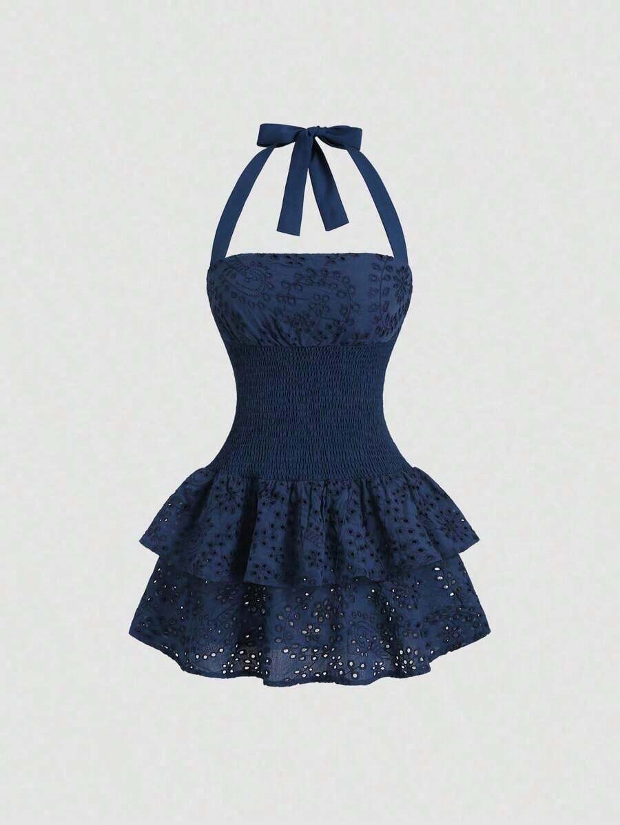 Vestido mini de verano ajustado de cuello halter con volantes en capas de color azul para vacaciones en la playa de mujeres - Azul marino - Ver 1