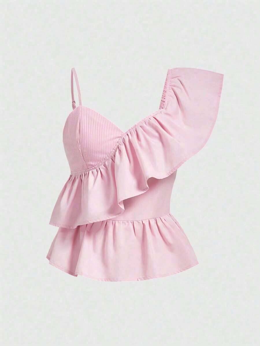 Kawaii Blusa con cuello asimétrico y ribete de volantes de moda Y2K para mujer - Rosa Pálido - Ver 1