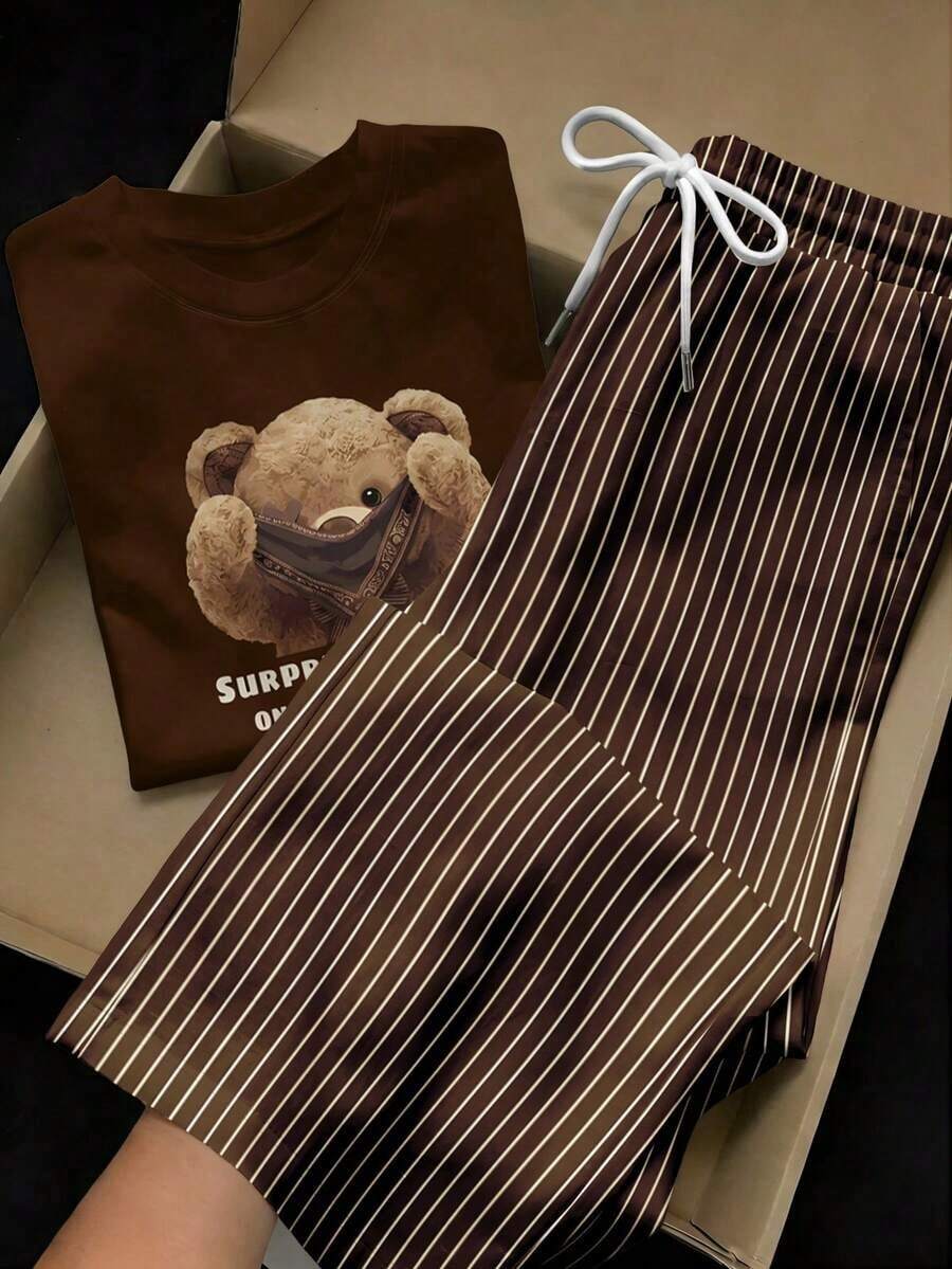 2 piezas Conjunto de top de manga corta con estampado floral bordado falso y rayas y pantalones a rayas, atuendo casual adecuado para el uso diario, citas, fiestas, otoño/invierno/verano, Navidad, Año Nuevo, Acción de Gracias, fiestas, bodas, - Multicolor 12 - Ver 1