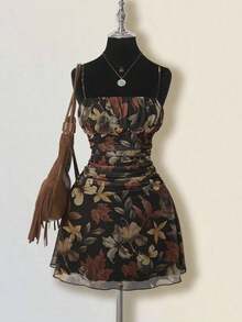 Vestido mini plisado con estampado de hoja de arce vintage para mujer, adecuado para vacaciones de verano y ropa de vuelta al colegio - Multicolor - Ver 3