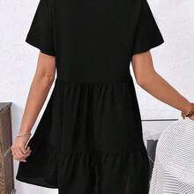 Holidaya Women V-Neck Short Sleeve Pleated Simple Casual Short Embroidered Doll Dress - Negro - Ver 3