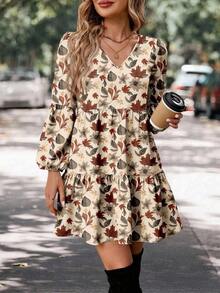 LUNE Vestido con cuello en V, estampado floral, manga farol y bajo con volantes, adecuado para otoño/invierno - Albaricoque - Ver 6