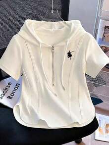Camiseta con capucha y cremallera asimétrica de manga corta, nueva diseño de top casual para primavera/verano - Blanco - Ver 6