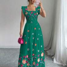 Elenzya Women's Colorful Print Cinched Waist Square Neck Cap Sleeve Casual Vacation Style Dress - Verde - Ver 1