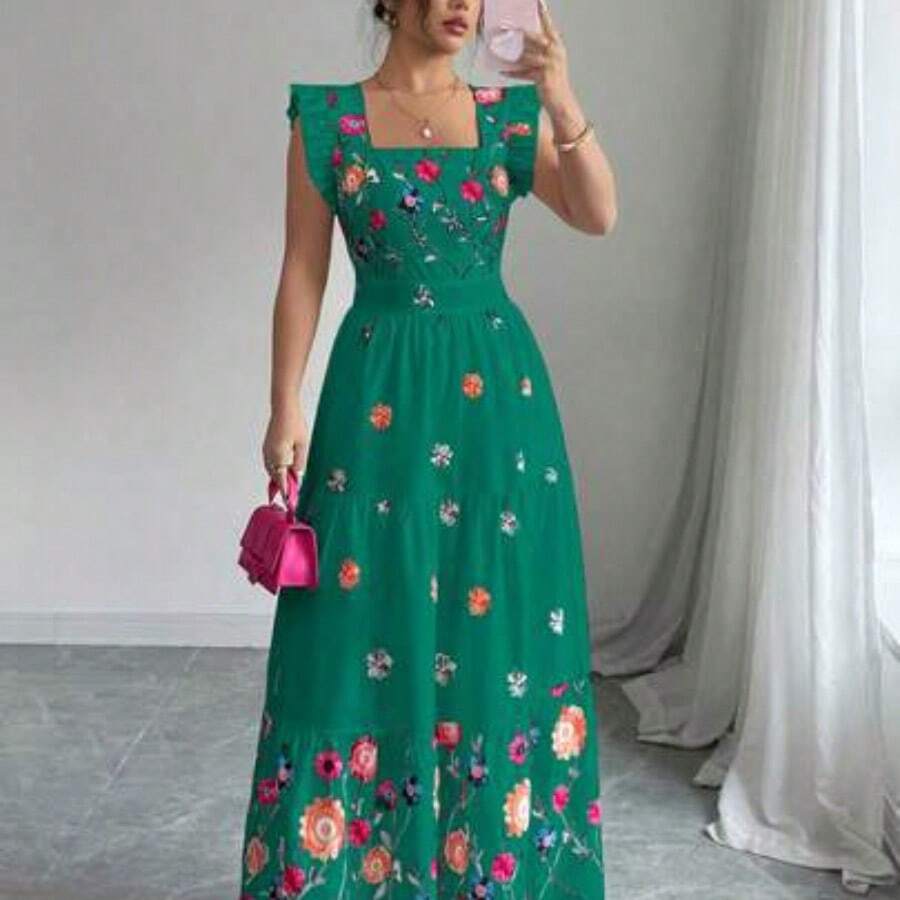 Elenzya Women's Colorful Print Cinched Waist Square Neck Cap Sleeve Casual Vacation Style Dress - Verde - Ver 1