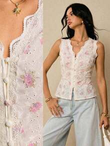 Camiseta sin espalda con escote en V, encaje y parches con estampado floral pequeño, estilo casual de verano y vacaciones - Blanco - Ver 9