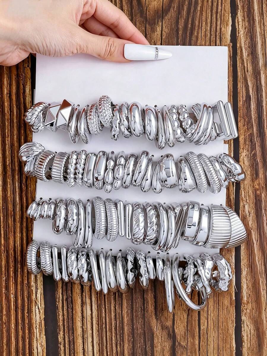 10pcs/40pcs Set Silver-Color CCB Exaggerated C-Shape Resin Earrings, Suitable For Party Gifts, Lightweight To Wear