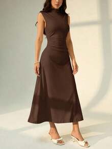 Vestido maxi de línea A con cuello mao, sin mangas, fruncido, color blanco, nuevo para el Día de San Valentín.Elegante y romántico atuendo para citas y trabajo, vestidos de verano para mujer - Marrón - Ver 6