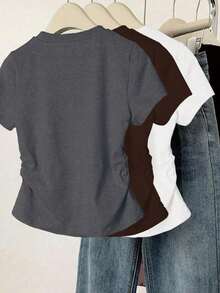 Set de 3 camisetas de mujer de manga corta, cuello redondo, unicolor, con detalle de volantes y estampado de mariposa, de estilo casual y slim para el verano - Multicolor 12 - Ver 2