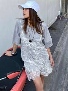 Vestido de verano de mujer de 2 en 1 con parches de encaje sin mangas y de manga corta - Gris - Ver 11