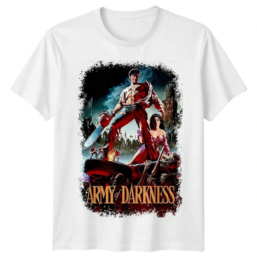 Camiseta Army of Darkness para hombre, camiseta clásica de los años 90 con gráfico de película de terror y fantasía, camiseta retro con gráfico de motosierra Ash, ropa de calle de manga corta para fanáticos - forma - Ver 1