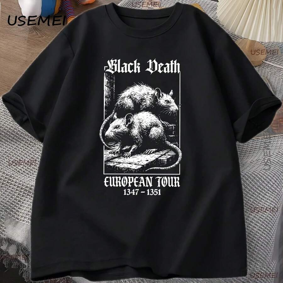 Black Death European Tour T-Shirt, Vintage Graphic Tees, Gothic Rat Dark Art Tee, Casual Short Sleeve Shorts, Cotton Clothing - 款式 - 查看 1
