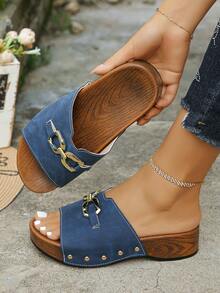 Vintage Distressed Faux Wood Grain Blue Platform Sandals, Rivet Decor Chunky Heel Slip-On Matte Finish Women Slides - Blue Frosted - View 5